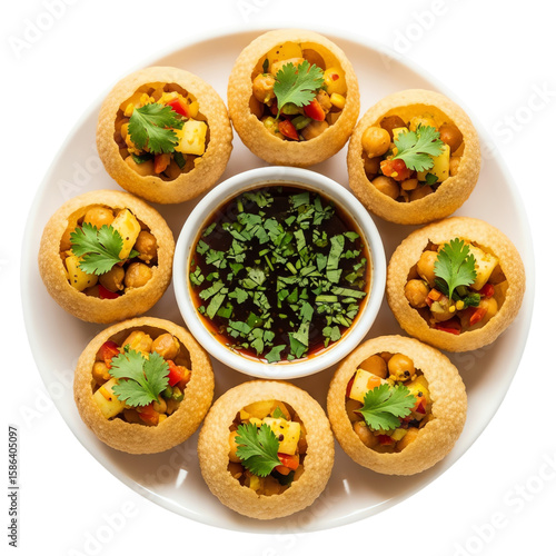 A plate of delicious indian pani puri snacks with a dipping sauce, isolated on a transparent background