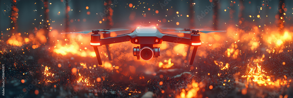 Fototapeta premium Wildfire Prevention Drones: AI drones patrolling forests, detecting fires early with thermal sensors and deploying eco-friendly retardants. Mitigates climate-driven disasters through smart tech