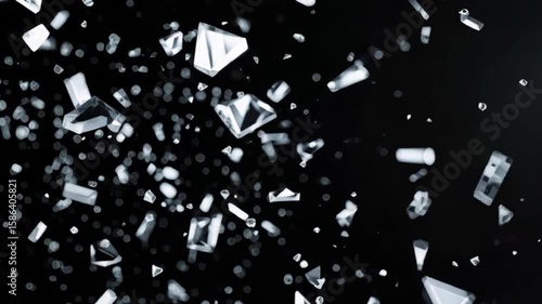 A breathtaking slow motion close-up of a glass object shattering into countless crystal shards, each fragment suspended mid-air in cinematic lighting and dramatic silence