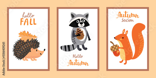 Canvas Print Autumn card set with wild animals
