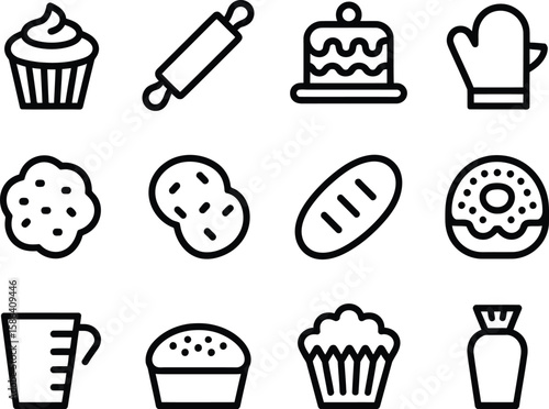 Collection of simple line art icons representing baking and desserts