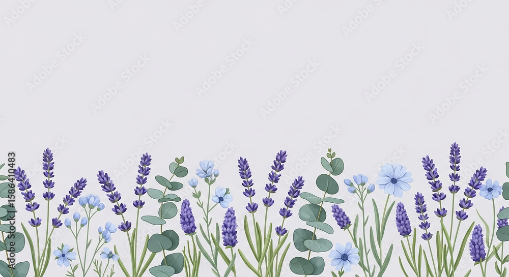 Naklejka premium Delicate lavender and eucalyptus sprigs adorn a serene floral border