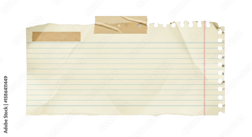 Fototapeta premium A crumpled, torn sheet of lined notebook paper with tape, isolated on a transparent background