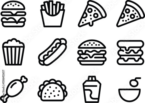 Collection of simple outline icons representing popular fast food items and drinks