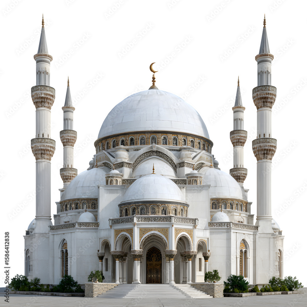 Obraz premium Magnificent ottoman style mosque with blue domes isolated on transparent background
