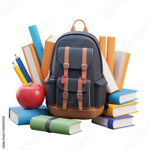 A 3d illustration of a school backpack surrounded by books pencils and an apple isolated on white background