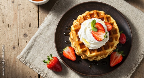 Delicious waffle stack with whipped cream and fresh strawberries for breakfast treat delight