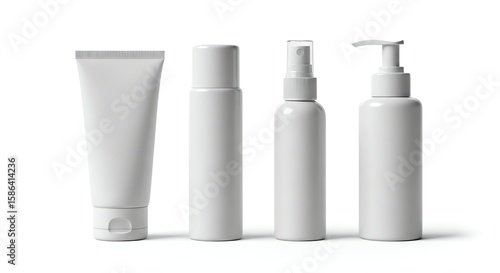 A collection of white cosmetic bottles and tubes, isolated on a white background