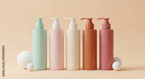 A collection of five cosmetic pump bottles in various pastel colors with spheres