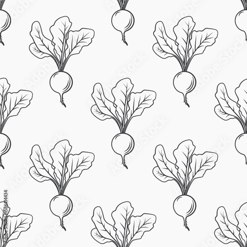 Vector Seamless Pattern with Outlined Black Radish on White Background. Radish Illustration for Kitchen Decor, Radish Wallpaper, Vegetable Fabric, Food Packaging Design, Organic Food Illustration
