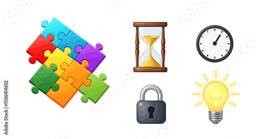 A collection of colorful puzzle pieces, an hourglass, a clock, a padlock, and a light bulb, symbolizing problem-solving, time, security, and ideas
