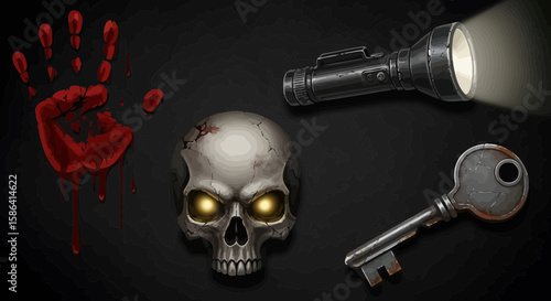 Dark and foreboding illustration of a skull with glowing eyes, a key, a flashlight, and a bloody handprint