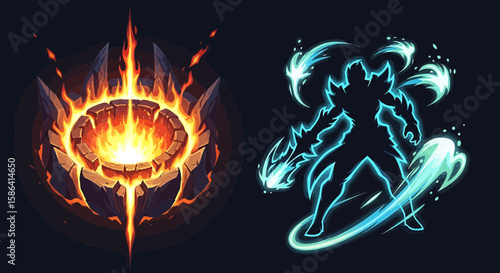Elemental power icons with fire and water. The fiery icon on the left, and the blue, watery icon on the right.