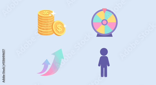 Financial success illustrated with gold coins, a spinning wheel, an upward arrow, and a stylized figure