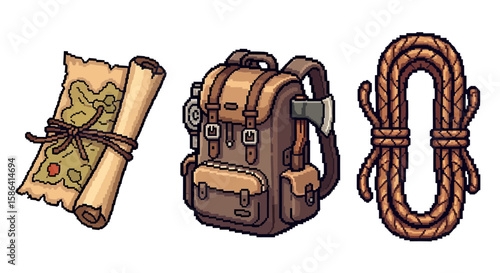 Adventure items: map, backpack, and rope ready for journey exploration. These objects evoke a sense of travel and anticipation, inviting viewers to imagine their own expeditions
