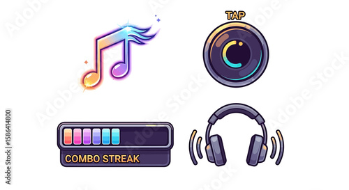 Illustrative set of colorful musical icons. The elements include a musical note with wings, a speaker, a progress bar, and a pair of headphones