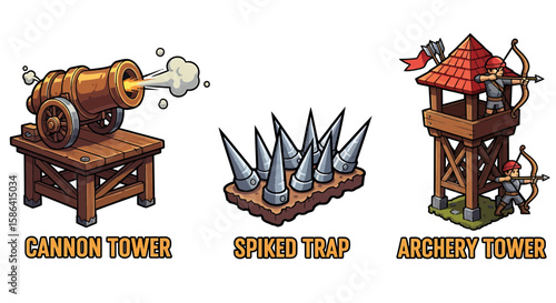 Cannon tower, archery tower, and spiked trap illustration, showcasing a variety of defensive structures, ready for war games
