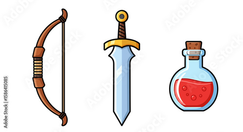An illustration of a bow, sword, and potion on a clear background, ready for adventure