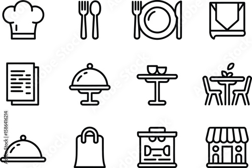 Collection of restaurant and food service icons in a clean line art style