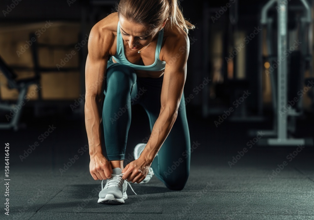 Fototapeta premium Athletic woman tying shoe laces in gym ready for workout
