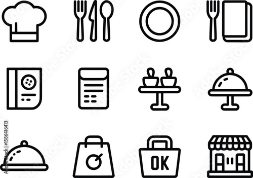 Collection of restaurant and food service icons in a clean outline style
