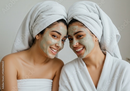 Smiling young women in towels with facial masks enjoying relaxing spa day