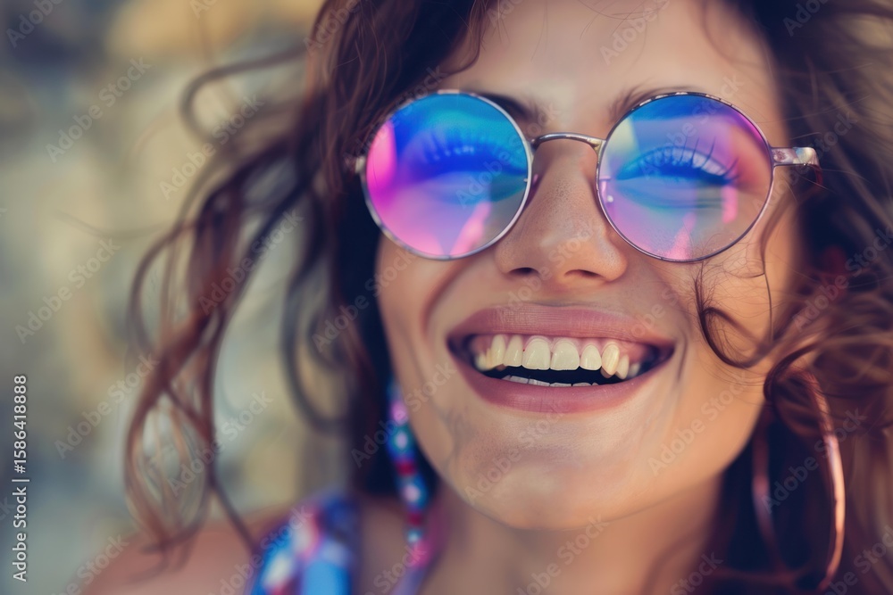Close up portrait of cheerful young woman with long hair wearing colorful sunglasses and smiling outdoors Close up portrait of cheerful young woman with long hair wearing colorful sunglasses and smiling outdoors
