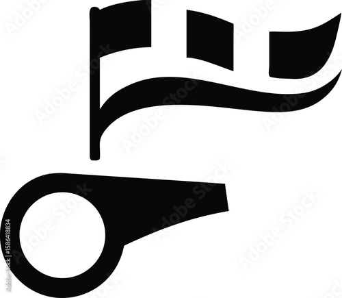 Black Whistle and Checkered Flag Icon Sports Referee Signaling Competition Finish Line white