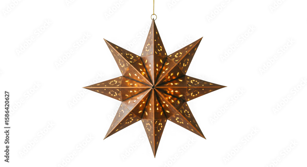 Obraz premium Ornate copper star lantern with intricate cutouts casting warm light isolated on transparent background
