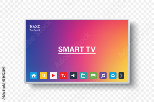 Vector 3d Realistic Smart TV Interface with Apps on Screen. Flat Smart Television Mockup with Remote App Icons, Colorful Home Media Display, Streaming Dashboard, Smart Display Panel, Modern White TV