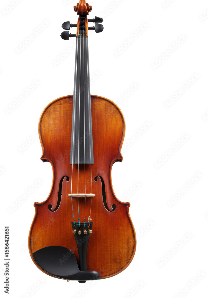 Fototapeta premium Pristine, highly polished classic wooden violin with rich brown and reddish-brown wood, intricate grain, F-holes, bridge, scroll, and tuning pegs, isolated on a transparent background with copy space,