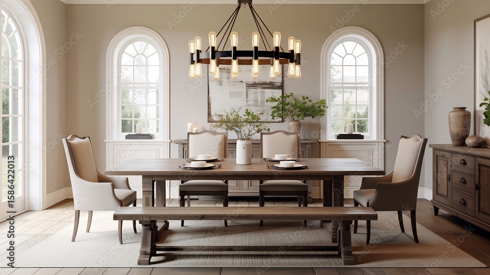 Fototapeta premium Shop modern dining room furniture sets with chandelier lighting and arched windows design ideas