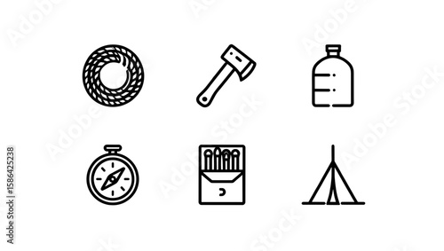 Illustration featuring camping essentials such as rope, axe, bottle, compass, matches, and tent icons