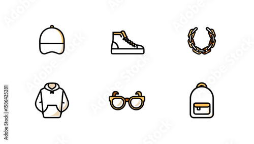 Collection of street style fashion items including a cap shoe chain hoodie glasses and backpack