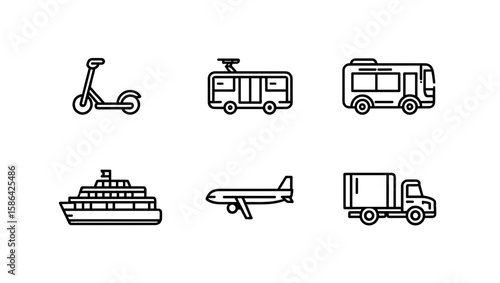 Illustration showing various modes of transportation including scooter, bus, tram, ship, plane, truck