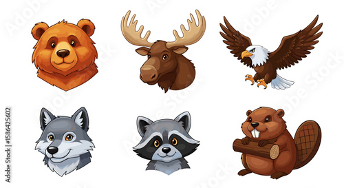 Cartoon illustration featuring a bear moose eagle wolf raccoon and beaver animal heads in a group shot