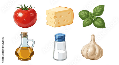 Arrangement of tomato, cheese, basil, oil, salt, and garlic ingredients for cooking a meal prep