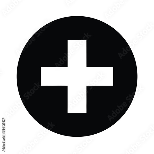 A simple white plus sign centered within a solid black circle silhouette