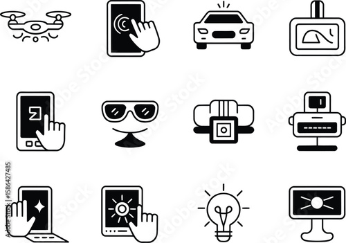 Collection of modern technology and gadget icons in a clean outline style