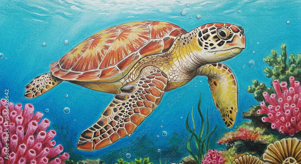 Fototapeta premium Colored pencil illustration of sea turtle swimming underwater with coral reef in background