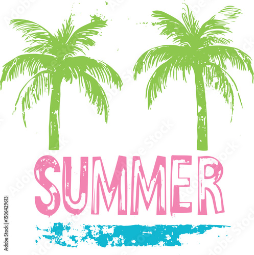 creative grunge vector design of summer text and palm trees concept