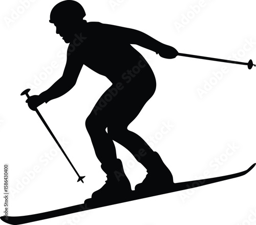 Silhouette of a skier in action, wearing a helmet and using poles, skiing downhill in a dynamic pose.
