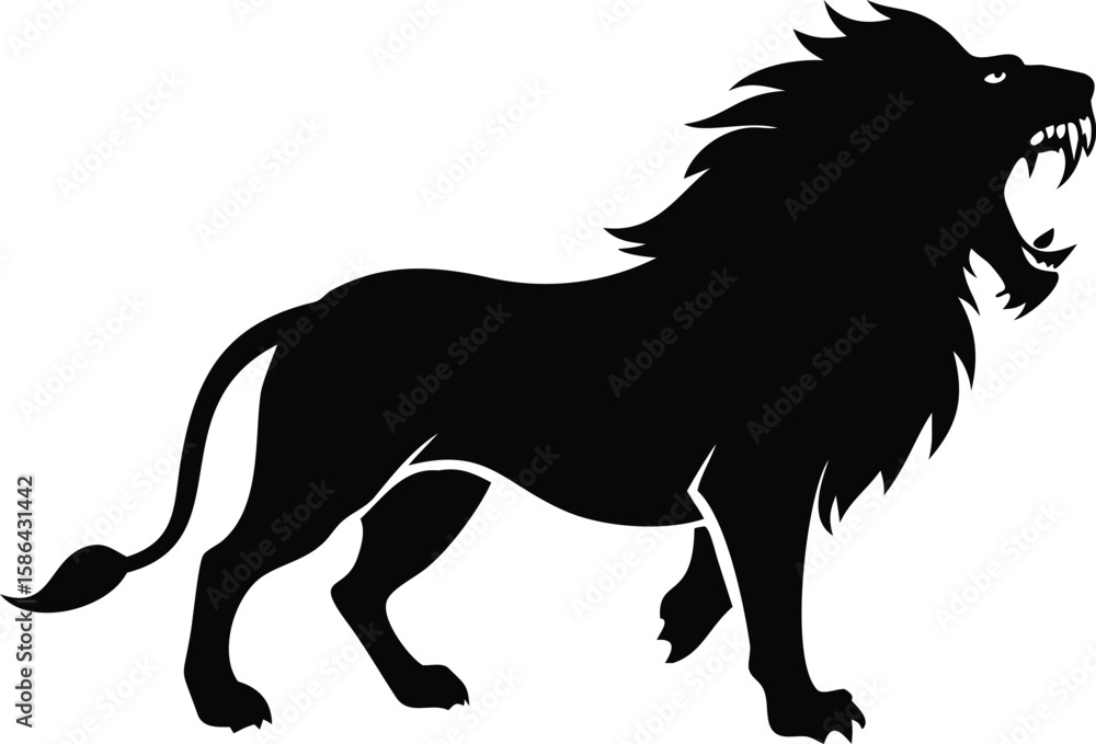 Fototapeta premium Silhouette of a roaring lion, profile view, bold design.