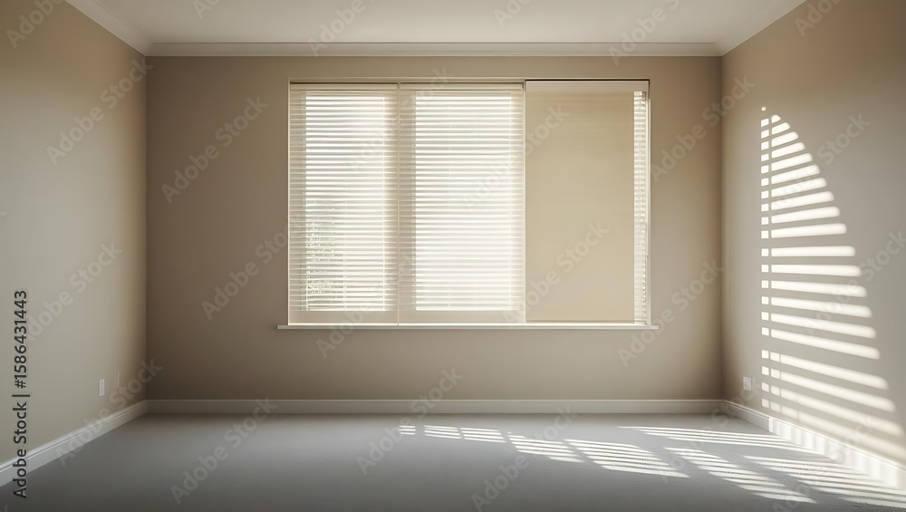 Fototapeta premium Empty room with beige walls and carpet illuminated by sunlight through blinds