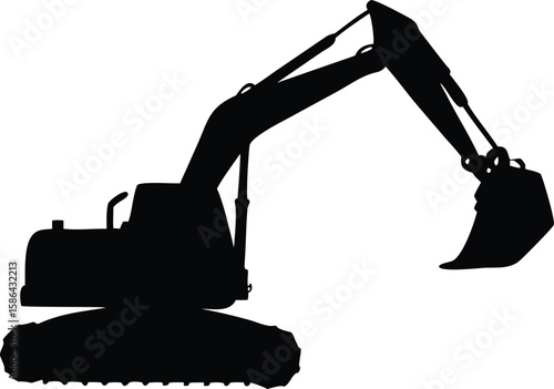 Silhouette of a heavy excavator with raised arm and bucket, isolated on white background.