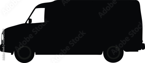 Silhouette of a delivery van, shown in profile, with two visible wheels and a rectangular cargo area.