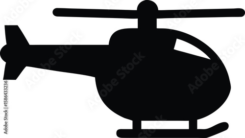Silhouette of a helicopter with rotor blades, viewed from the side, in black on a white background.