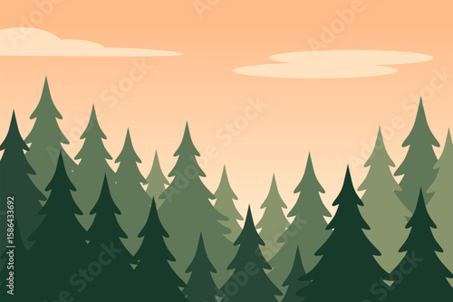 Tranquil Forest Landscape at Dusk with Soft Orange Sky and Trees