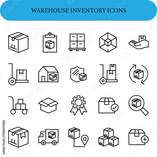 Warehouse Inventory Vector Icon Set . Symbols include boxes, trolleys, pallets, a clipboard, a warehouse building, a shield, arrows indicating rotation, and a magnifying glass.