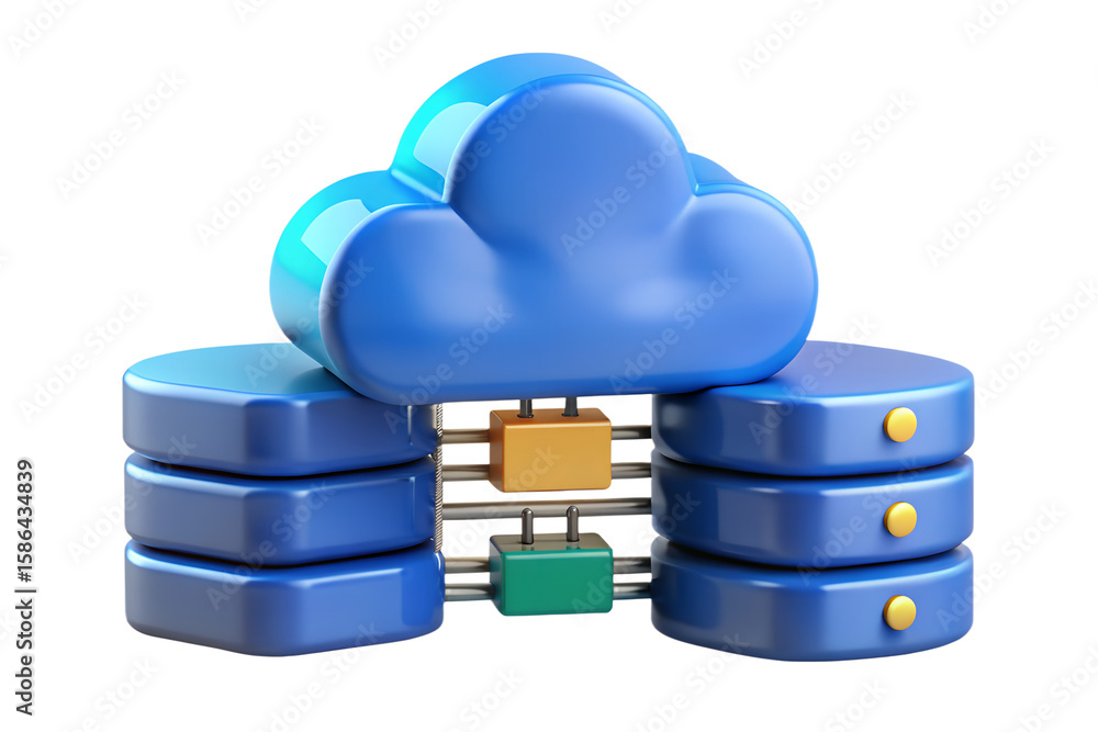 A blue cloud with two blue servers and a yellow rectangle on a black background illustration on transparent background A blue cloud with two blue servers and a yellow rectangle on a black background illustration on transparent background
